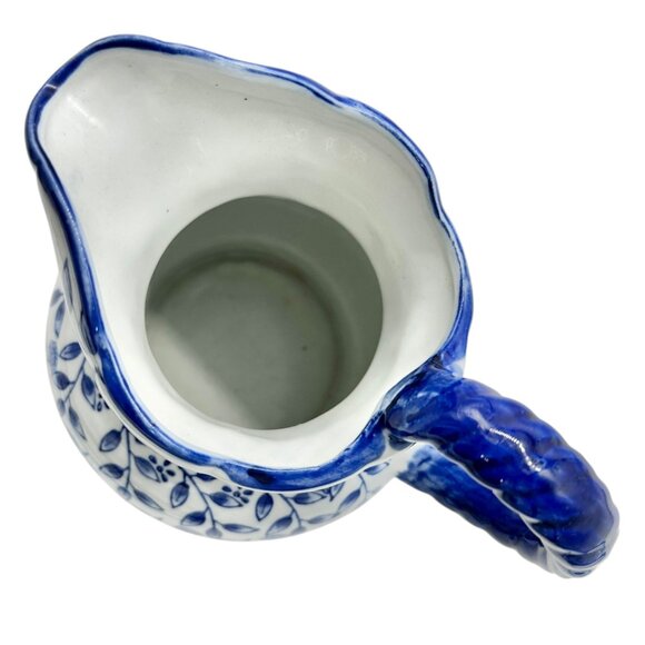Ceramic Pitcher Vase Blue and White Floral Scalloped Edge Braided Handle 7.5" H - Picture 5 of 7